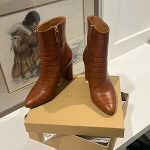Sezane Brown Croc-Embossed Ankle Boots